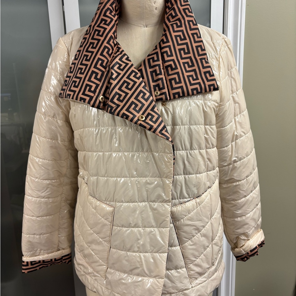 Cocomo Cream Puffer Jacket with Black Geometric Trim